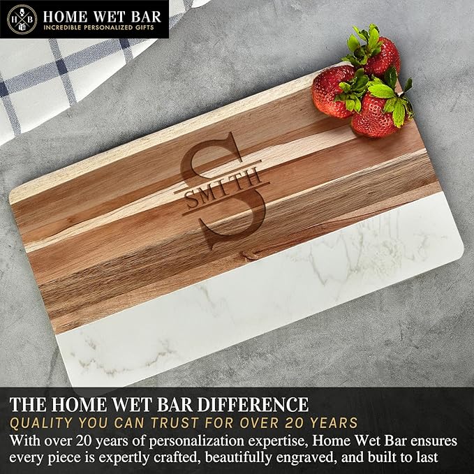 HomeWetBar Personalized Acacia Charcuterie Board With cheese Knives | Custom 16" x 9" White Marble & Acacia Wood Cheese Board | Perfect Housewarming + Wedding + Couples Gift Idea