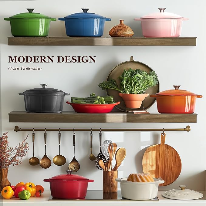 Overmont Enameled Cast Iron Dutch Oven - 4.5QT Pot with Lid Cookbook & Cotton Potholders - Heavy-Duty Cookware for Braising, Stews, Roasting, Bread Baking pink