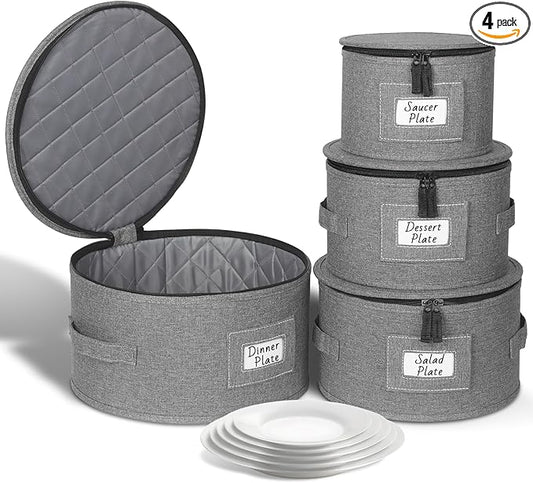 China Storage Containers, 4PCS Hard Shell Dish Storage Containers with Felt Dividers for Charger Plates Dinnerware, Moving Boxes for Dishes, Stackable Plate Storage Cases for 12 Place Setting