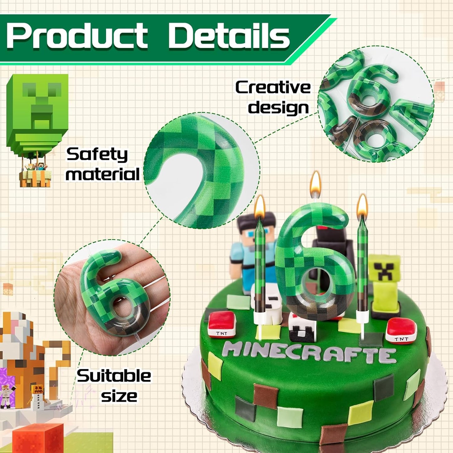 13 Pcs Dynamite Candles 12 TNT Themed Birthday Cake Candles and Number 6 Candle Cake Topper for Pixel Theme Birthday Party Anniversary Party Dynamite Theme Party Video Game Party Supplies (Number 6)