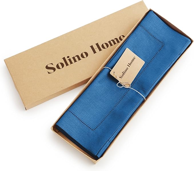 Solino Home Linen Placemats Set of 4 - Classic Hemstitch Indigo Blue Placemats 14 x 19 Inch - 100% Pure Linen Table Mats for Fall, Autumn, Christmas, Holiday, Winter