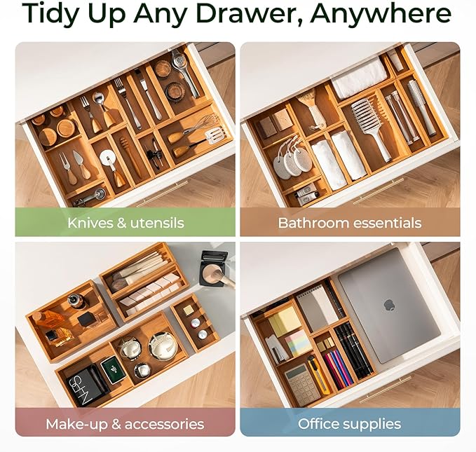 5-Piece Bamboo Drawer Organizer Set, 2.2" Deep Multi-Use Organizers for Utensils, Silverware, Cutlery, Desk, Bathroom, Junk Drawer & Makeup, Non-Slip Feet Included.