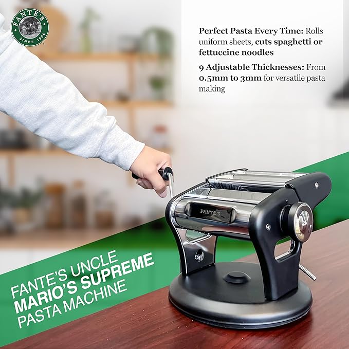 Fante’s Supreme Pasta Maker, Compact Manual Noodle Press Machine with Non-Slip Suction Base for Fresh Homemade Pasta, Ravioli, Since 1906