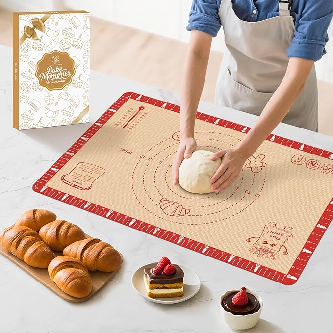 Non-Slip Silicone Baking Mat - 32x24 inch Extra Thick Pastry Mat with Measurements for Sourdough, Macarons, Bread, Pizza, Dough Rolling, Kneading, Oven Mat Heat Resistant to 480°F Gift for Baker