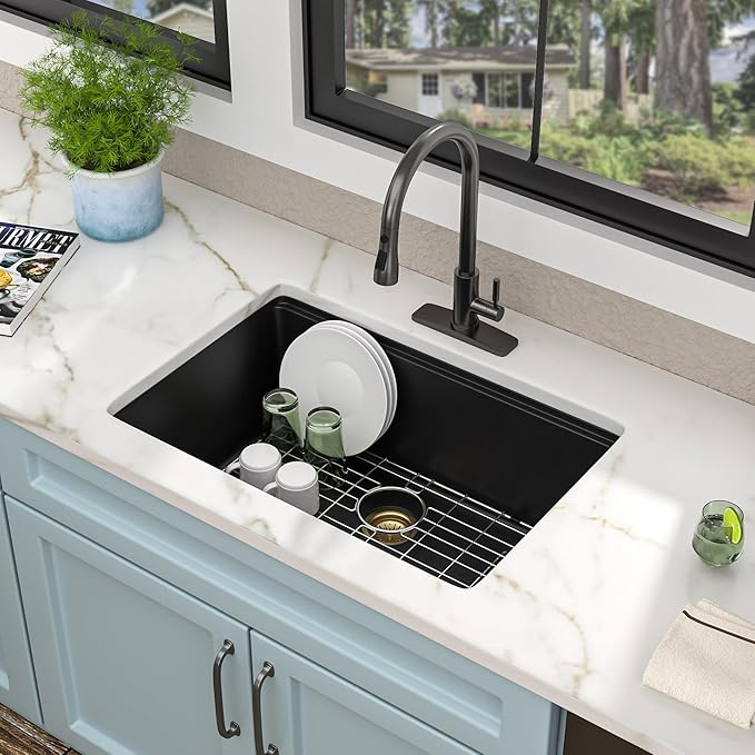 28"x19" Granite Composite Kitchen Sink - Matte Black Undermount Ledge Workstation Quartz Classic Under Counter Single Bowl Basin