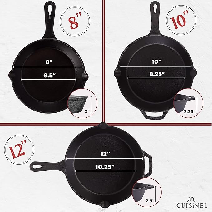 Cuisinel Cast Iron Skillets Set - 12" + 10" + 8"-Inch Pre-Seasoned Frying Pans + Silicone Handle Grip Covers - Use Indoor/Outdoor, Oven, Grill, Stove, BBQ, Camp Fire, Induction Kitchen Cookware