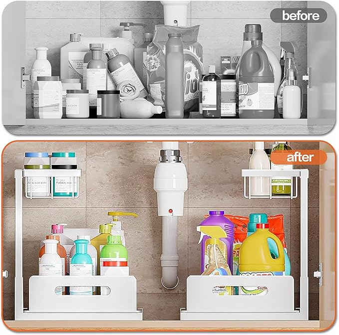 VUSIGN Under Sink Organizer, 2 Tier Pull Out Bathroom Cabinet Organizer, Under Kitchen Sink Organizers and Storage, Under Sink Shelf,1 Pack, White