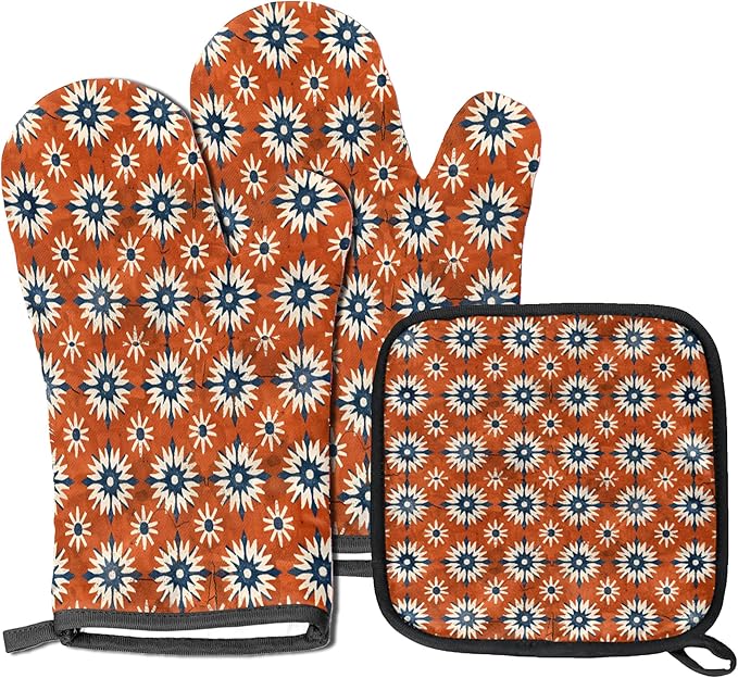 Oven Mitts Pot Holders Set 3 for Kitchen, Boho Mandala Insulation Oven Gloves Heat Resistant Pot Pads Cook Essentials Accessories for BBQ Baking Cooking Kitchen Decor Gifts for Women