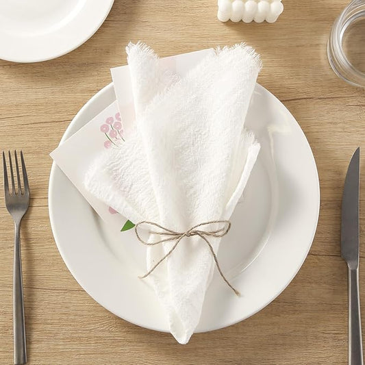 Handmade Cloth Napkins with Fringe, 100% Cotton Napkins, Delicate Handmade Linen Napkins for Dinners, Parties, Weddings and More, 17 x 17 Inch Set of 12 - White