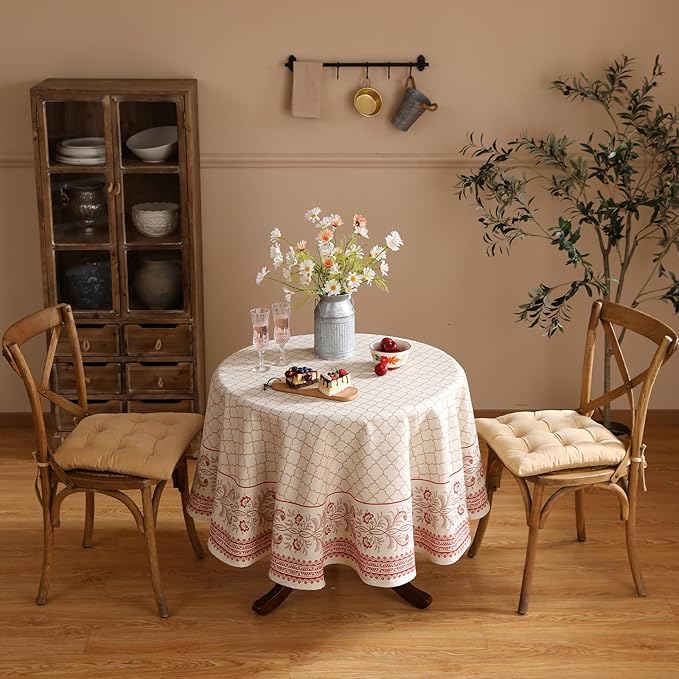 French Tablecloth for Round Tables,Floral Linen Table Cloth with Flaxen and Red Undertones,Heavy Durable Table Cover for Dining Thanksgiving Kitchen Decor Party Christmas,Diameter 67"