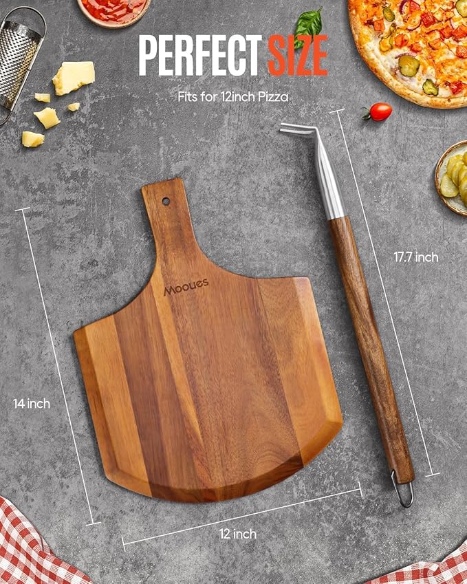 12 Inch Natural Wooden Pizza Peel - Paddle Spatula Oven Accessory for Transferring & Serving - Wood Cutting Board for Cheese, Bread, Fruit