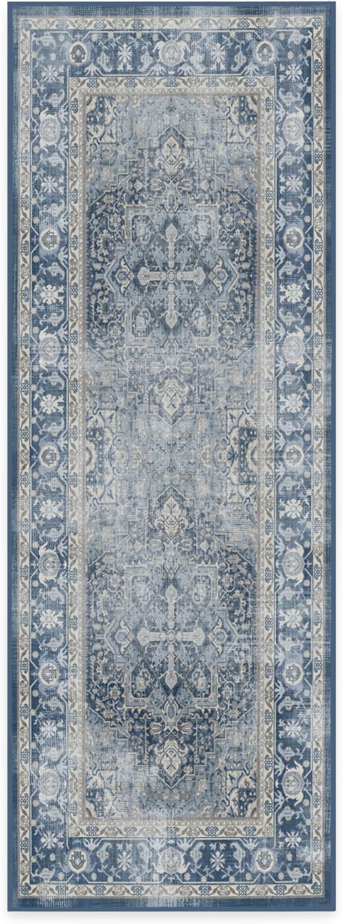 RUGGABLE Washable Vintage Runner Rug – Kamran Admiral Blue 2.5x7, Stain-Resistant, Non-Slip Hallway Runner – Machine Washable Rug for Hallway, Entryway, Living Room & Kitchen–with Standard Pad