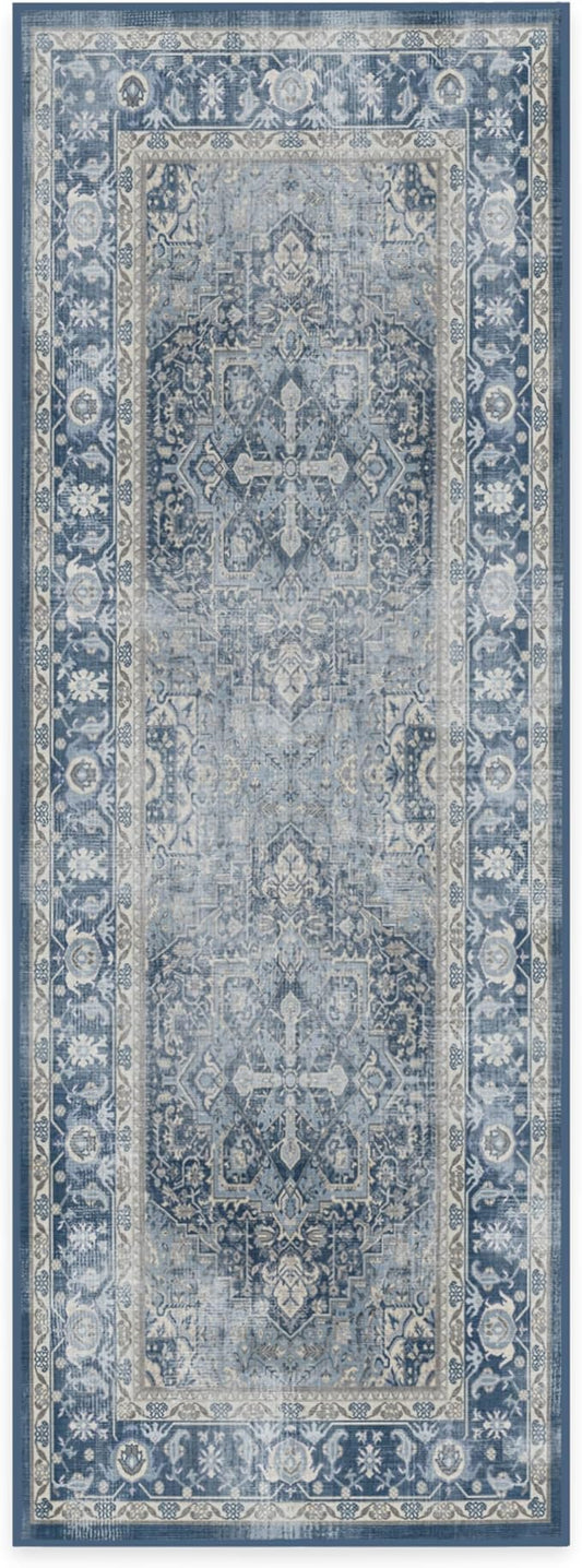 RUGGABLE Washable Vintage Runner Rug – Kamran Admiral Blue 2.5x7, Stain-Resistant, Non-Slip Hallway Runner – Machine Washable Rug for Hallway, Entryway, Living Room & Kitchen–with Standard Pad