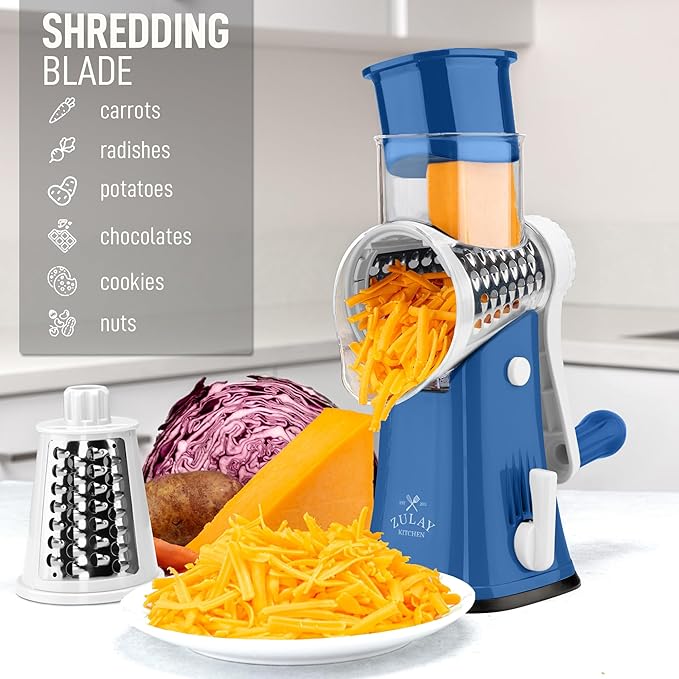 Zulay Kitchen Rotary Cheese Grater 5 Blade Cheese Shredder - Manual Hand Crank Cheese Grater With Reinforced Suction & 5 Interchangeable Drums - Easy to Use, Vegetable Chopper Round Mandoline Slicer