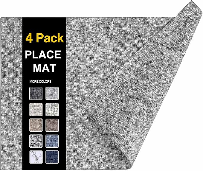 homing Faux Leather Heat Resistant Placemats 4 Packs, Waterproof Wipeable Dining PU Place Mats for Indoor & Outdoor, Easy to Clean, Light Grey