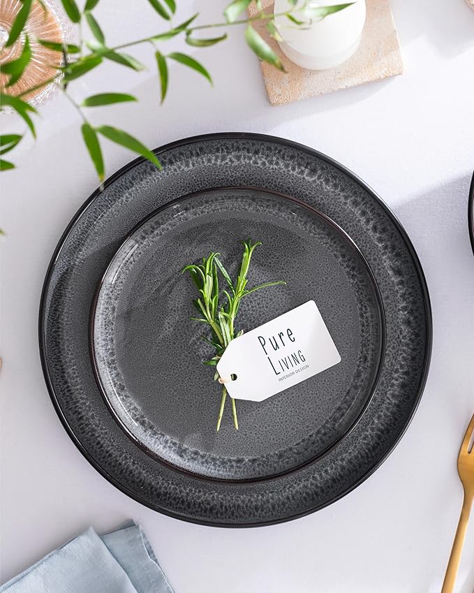 Stoneware dinnerware set 8 persons 32 pcs - Dishwasher, microwave and scratch resistant - Bowl and plate set 8 persons modern - Dinner service Pure Living black in gray…