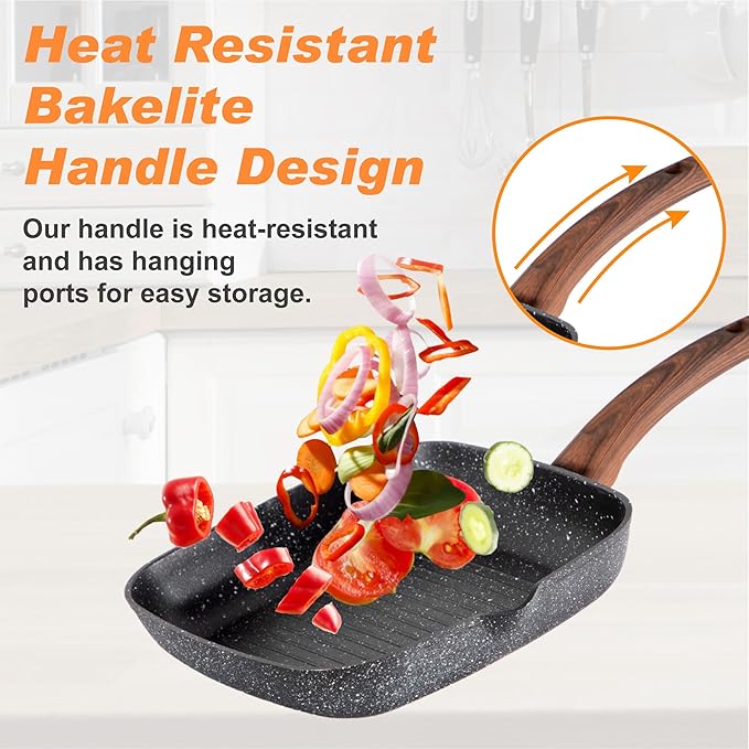 DishDelight 17 Piece Pots and Pans Set Non Stick, Nonstick Induction Granite Kitchen Cookware Set, Non Toxic Cookware Set with Frying Pans and Saucepan, Cooking Sets Pots and Pans, Black