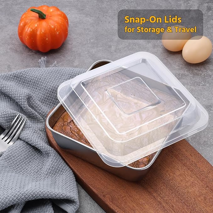 E-far 6 x 6-Inch Square Baking Pan with Lid, Small Stainless Steel Cake Brownie Pans Trays Dishes for Toaster Oven Air Fryer, Healthy & Dishwasher Safe - Set of 2(2 Pans + 2 Lids)