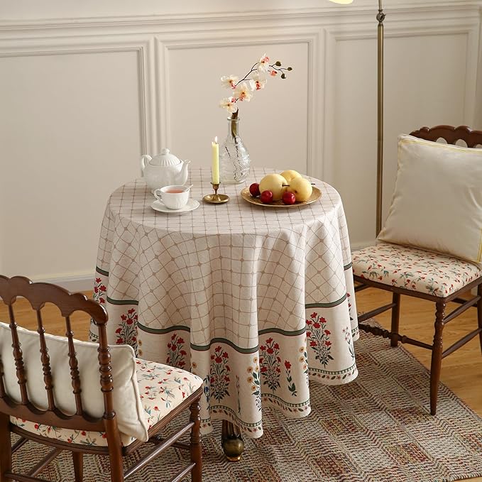 Floral Tablecloth for Round Tables,Linen Table Cloth with Colorful Flowers Pattern,Heavy Durable Table Cover for Dining Thanksgiving Kitchen Decor Party Christmas,Diameter 55"