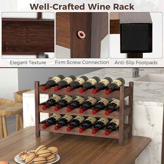 COSTWAY 3-Tier Bamboo Wine Rack, 18-Bottle Tabletop Wine Holder with Wave Slot, Freestanding Countertop Wine Bottle Organizer for Kitchen, Pantry, Pub & Wine Cellar, Brown