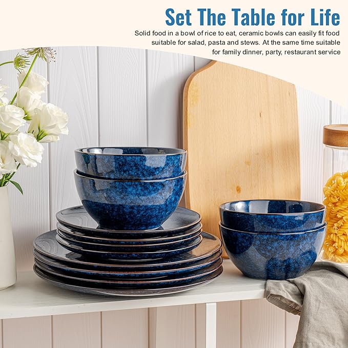 Plates and Bowls Sets, 12 Pieces Dark Blue Dinnerware Sets for Kitchen, Reactive Glaze Dishes Set for 4, Dishwasher and Microwave Safe, Series Starflecked Shore(Dark Blue)