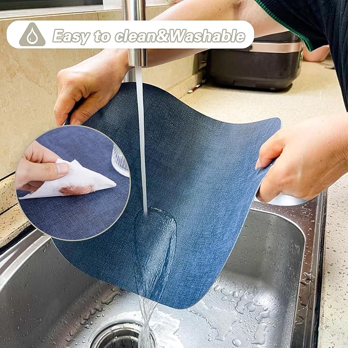 Reversible Placemats Set of 6 Oval,Navy Blue Faux Leather Placemat Waterproof Non Slip,Heat Resistant Wipeable Table Placemats for Dining Table,Modern Table Protectors