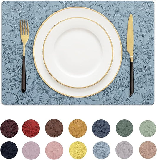 Romanstile Vinyl Placemats Set of 8-12 X 18 Inch - Heat Resistant Non-Slip Embossed Floral Place Mats 100% Waterproof Oilproof Wipeable Faux Leather Table Mats for Kitchen/Dining/Party, SkyBlue