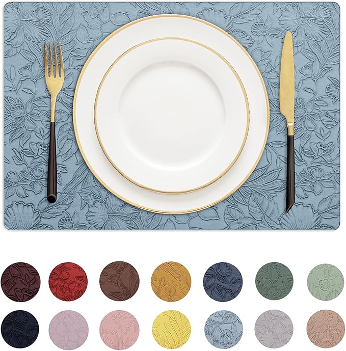 Romanstile Vinyl Placemats Set of 4-12 X 18 Inch - Heat Resistant Non-Slip Embossed Floral Place Mats 100% Waterproof Oilproof Wipeable Faux Leather Table Mats for Kitchen/Dining/Party, SkyBlue