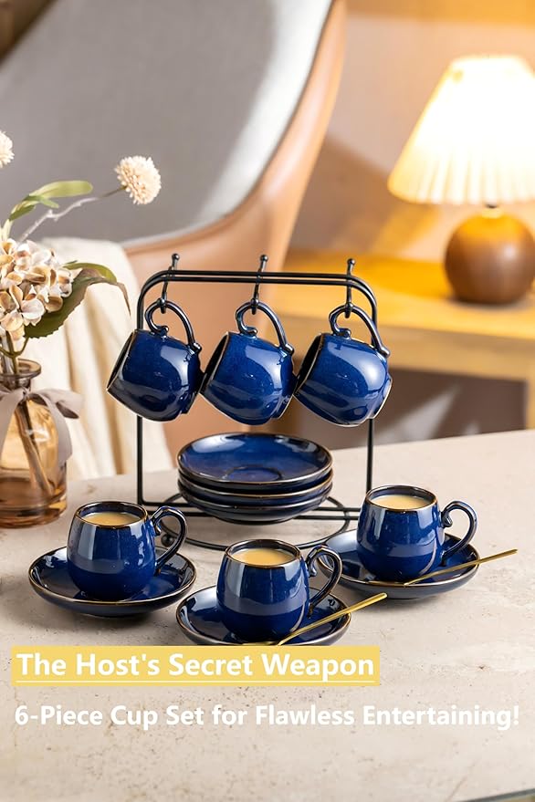 LYEOBOH 3 Ounce Espresso Cups Set of 6, Ceramic Small Coffee Cups with Saucers, Cute Demitasse Cups and Metal Stand with Spoons for Great Gift, Mini Cafe Cup for Espresso, Mocha, Tea - Cobalt Blue