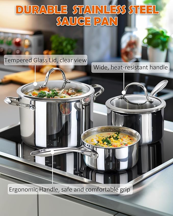 Cooks Standard Stainless Steel Saucepan Set 1.5 and 3 Quart, Multi-Ply Clad Sauce Pot With Glass Lid, Silver