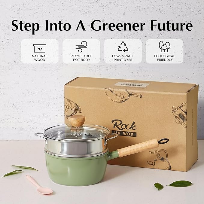 ROCKURWOK Ceramic Nonstick Sauce Pan with Lid, 2 Quart Cooking Pot, Small Saucepan with Steamer, PTFE& PFAS-Free, Wooden Handle for Cool Touch, Universal Base(Gas, Electric & Induction), Green