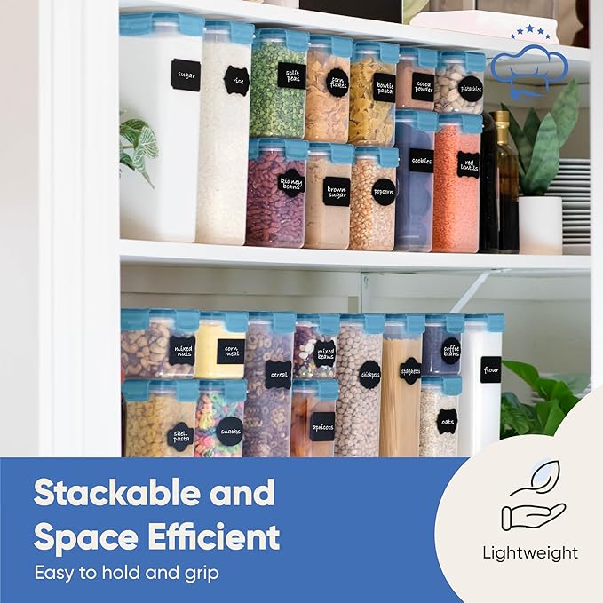 Chef's Path Airtight Food Containers with Lids (24 Pack - Blue) Kitchen Pantry Organization - BPA Free Food Storage Organizers for Cereal, Brown Sugar, Dry food - With Marker, Labels & Spoons