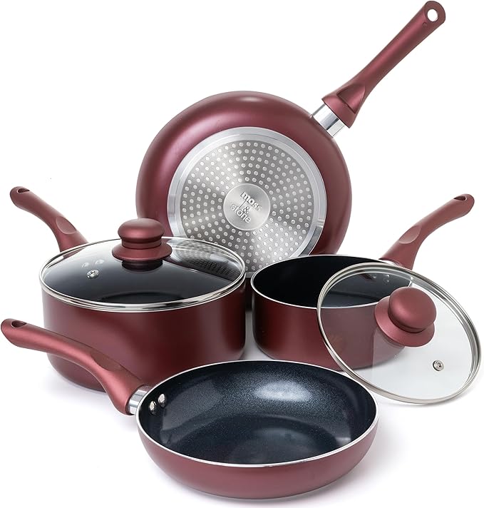 Moss & Stone 6 Pcs Nonstick Cookware Set, Pots And Pans Set Non stick With Glass Lid, Induction Cookware, Stay-Cool Handle PTFE/PFOA Kitchen Pots 6-Piece with Frying Pans & Saucepan, Burgundy