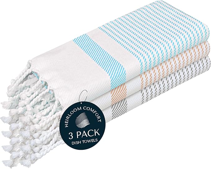 Multi Color Kitchen Towels 16x26 Inch, 3 Pack, 100% Cotton, Ultra Absorbent, Fast Dry, Machine Washable, Drying Dishes, Cleaning, Everyday Use - Aqua Blue, Beige, Ash Grey