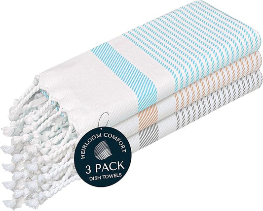 Multi Color Kitchen Towels 16x26 Inch, 3 Pack, 100% Cotton, Ultra Absorbent, Fast Dry, Machine Washable, Drying Dishes, Cleaning, Everyday Use - Aqua Blue, Beige, Ash Grey
