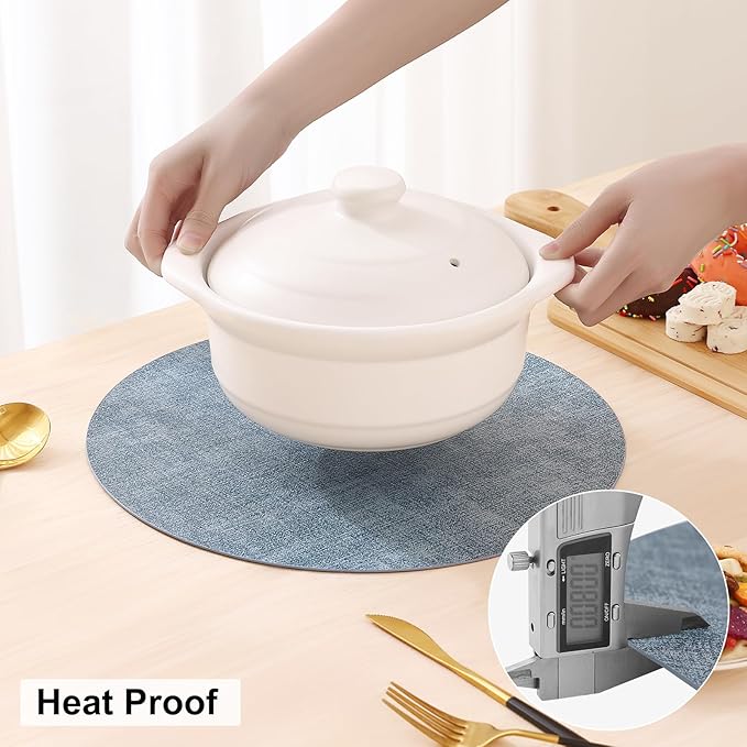 homing Round Faux Leather Placemat and Coaster 8 Packs, Washable Heat Resistant Dining Place Mats, Wipeable Double-Sided Table Mats for Indoor and Outdoor, Diameter 13 and 3.93 inch, Blue