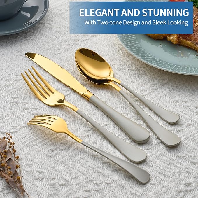 20-Piece Off white & Gold Silverware Set, 18/0 Stainless Steel Colorful Handle Flatware Set,Service for 4,Modern Cutlery Set Includes Dinner Knives Forks Spoons,Mirror Polished,Dishwasher Safe