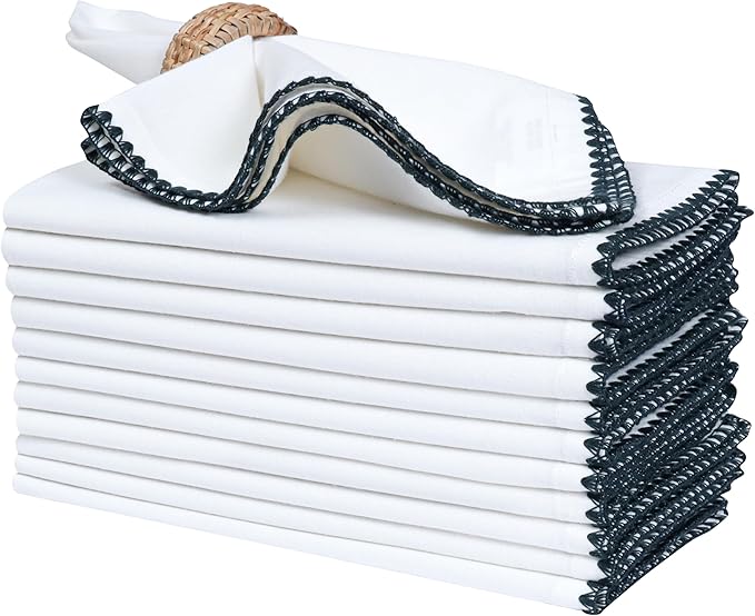 Bedding Craft Cotton Cloth Dinner Napkins Set of 12 – 18x18 Magical Forest Green Napkins with Colored Edge Embroidery – Durable Reusable Wedding Napkins for Dining Table Décor, Banquets & Restaurants