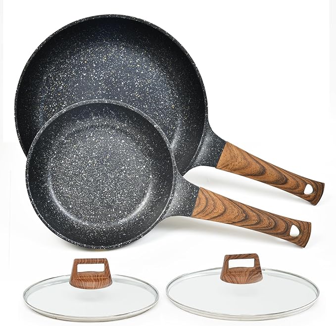 Nonstick Frying Pans Set with Lid, 10 In 11.5 In Aluminum Granite Coating Chef's Pan, Non Stick Flat Skillet Set with Glass Cover, Cookware Set Suitable for Gas Stove, Induction Glass Top