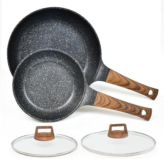 Nonstick Frying Pans Set with Lid, 10 In 11.5 In Aluminum Granite Coating Chef's Pan, Non Stick Flat Skillet Set with Glass Cover, Cookware Set Suitable for Gas Stove, Induction Glass Top