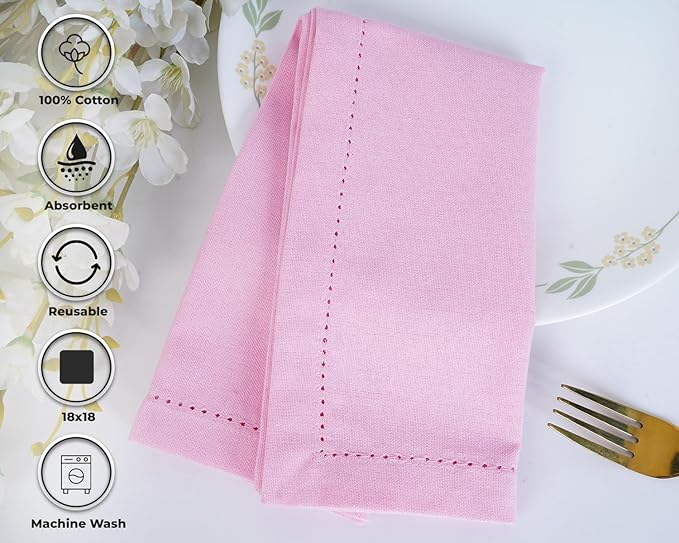 Blue Needles Set of 12 Hemstitch Linen Napkins 100% Cotton Blush Pink Cloth Dinner Napkins 18x18 inches, Soft, Reusable, Absorbent, Washable, Ideal for Fall Thanksgiving Events, Parties & Everyday Use