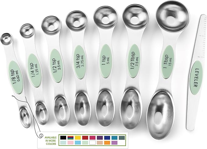Spring Chef Stainless Steel Magnetic Measuring Spoons Set of 8 with Leveler, Dual Sided Teaspoon & Tablespoon Set, Nesting Metal Kitchen Gadgets for Baking & Cooking, Fits in Spice Jars - Pistachio
