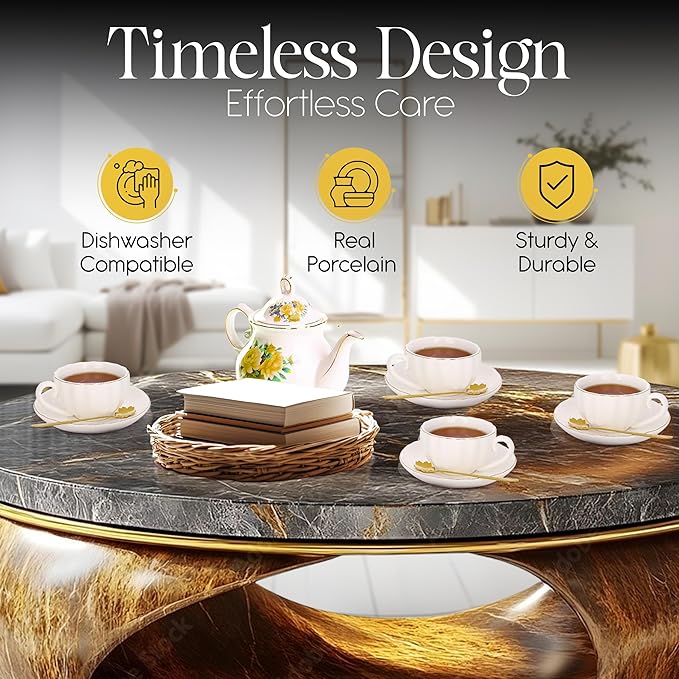 8oz Cappuccino Cups Set of 4 – Porcelain Gold Rimmed White 4 Cappuccino Cup and Saucer Set & Gold Spoons, Latte Cups, Coffee & Tea Mug and Saucer Set