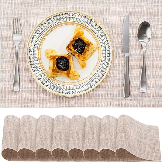 BACKTOEDEN Placemats Set of 8 Heat Resistant Washable Wipeable Placemat Woven Non-Slip Foldable Vinyl/Plastic Place Mats Indoor/Outdoor Mat Kitchen Dining Table Pad, Beige