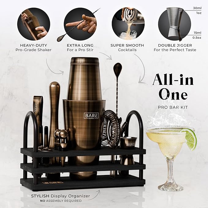 BARE BARREL® Mixology Bartender Kit Bar Set | 14-Piece Cocktail Shaker Set | Martini Barware Mixing Tools for Home Bartending | 35 Recipe Cards | Gift Set (28oz Boston Shaker, Brass/Black)