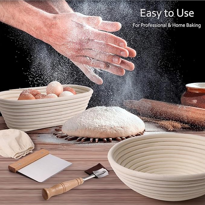 Sourdough Bread Baking Supplies, 9 Inch Round Bread Banneton Proofing Basket & 10 Inch Oval Proofing Basket with Liner Sourdough Starter Kit for Making Baking Fermentation