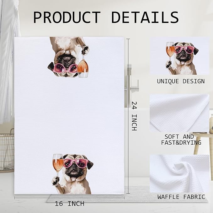 Cabana Bro Funny Wine Pug Kitchen Towels, Pug Lover Gifts Dish Tea Hand Towels for Kitchen Bar Cart Decor, Gifts for Wine Lovers, Bar Towel for Bartender, 16x24 Inches