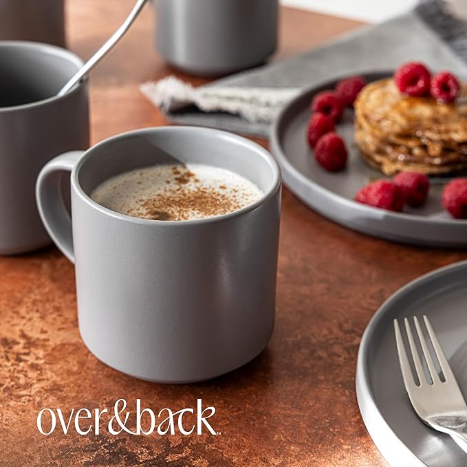 over&back Stackable Stoneware Coffee Mugs - 4-Piece Mug Set - Enjoy the Perfect Cup of Coffee, Tea, Latte, and More - Semi-Matte Charcoal - 14oz