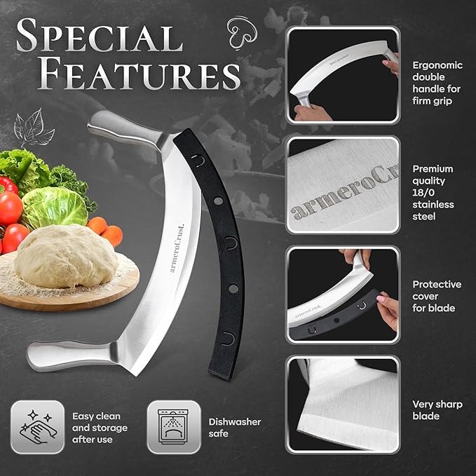 Mezzaluna Knife with Double Handle for Extra Stability - 12 Inches - Pizza Rocker for Precise Slicing of Thick Crust - Grade 18/0 Stainless Steel with Premium Finish