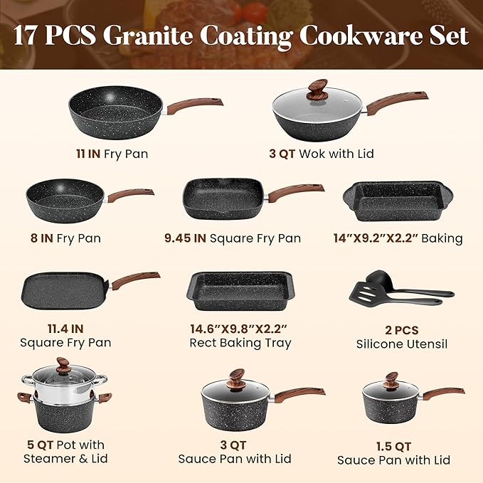 Kitchen Academy 17Pcs Pots and Pans Set Non Stick, Nonstick Kitchen Cookware Sets, Black Granite Induction Cookware, Non-toxic Healthy Nonstick Cooking Pans Set